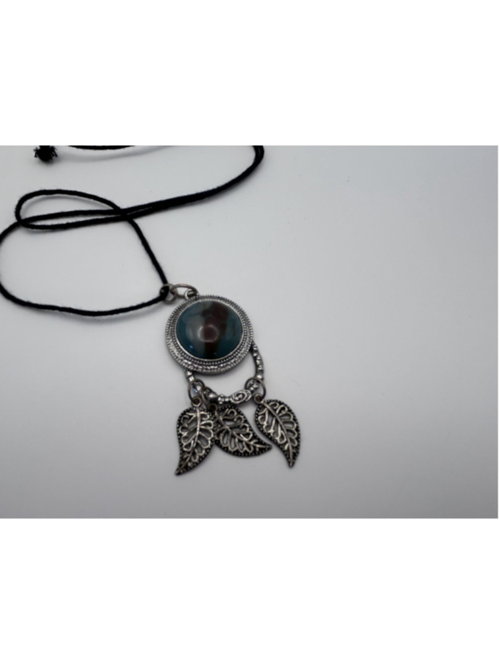 Necklace Silver Tone Blue Stone Leaf Pendant Boho Nature Tie Cord 28 Inch - Picture 4 of 5
